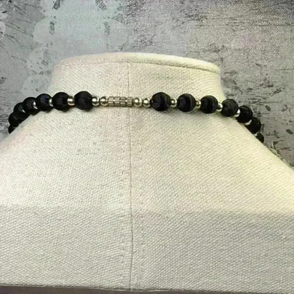 Black Silk Covered and Gold Beaded Necklace Vintage